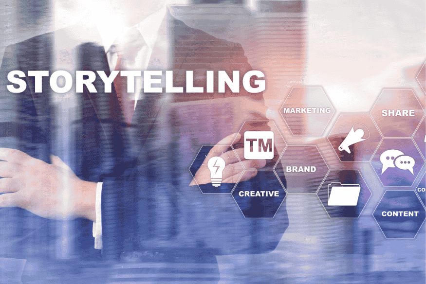 Executivo com ícones de marketing digital, branding e conteúdo, com destaque para a palavra 'Storytelling'.