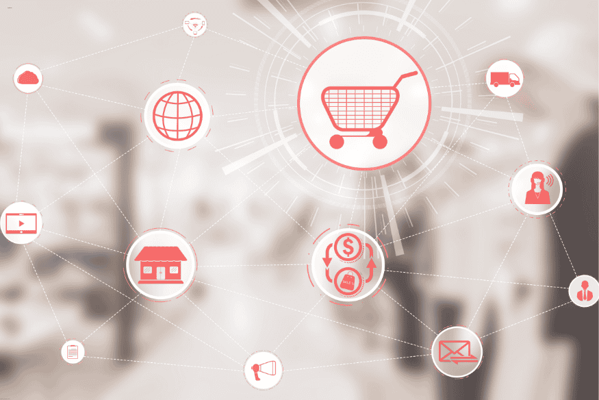 Gráfico com ícones de e-commerce, logística e marketing integrados em rede de varejo físico.