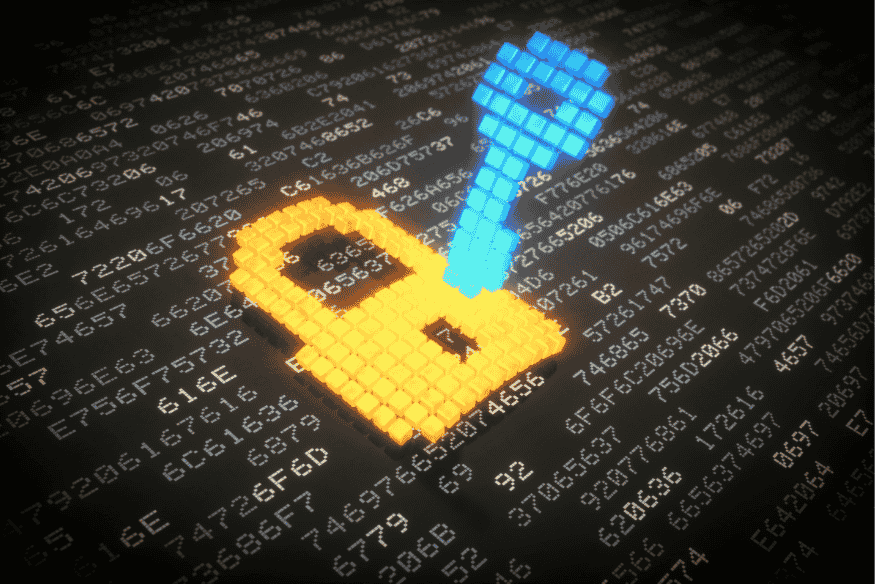 Cadeado e chave digitais formados por blocos sobre fundo de dados criptografados.