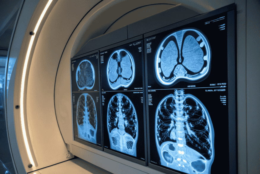 Painel de tomografias e radiografias exibindo cérebro e tórax analisados por IA para apoio ao diagnóstico médico.